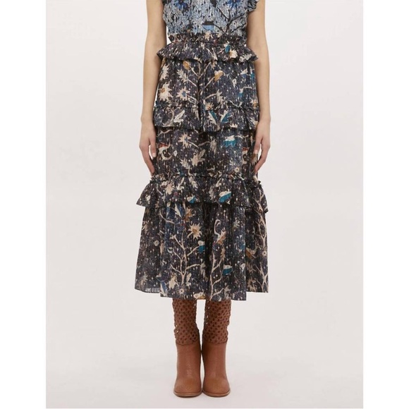 ULLA JOHNSON NWT Josette Tiered Ruffle Midi Skirt Jet Print 8